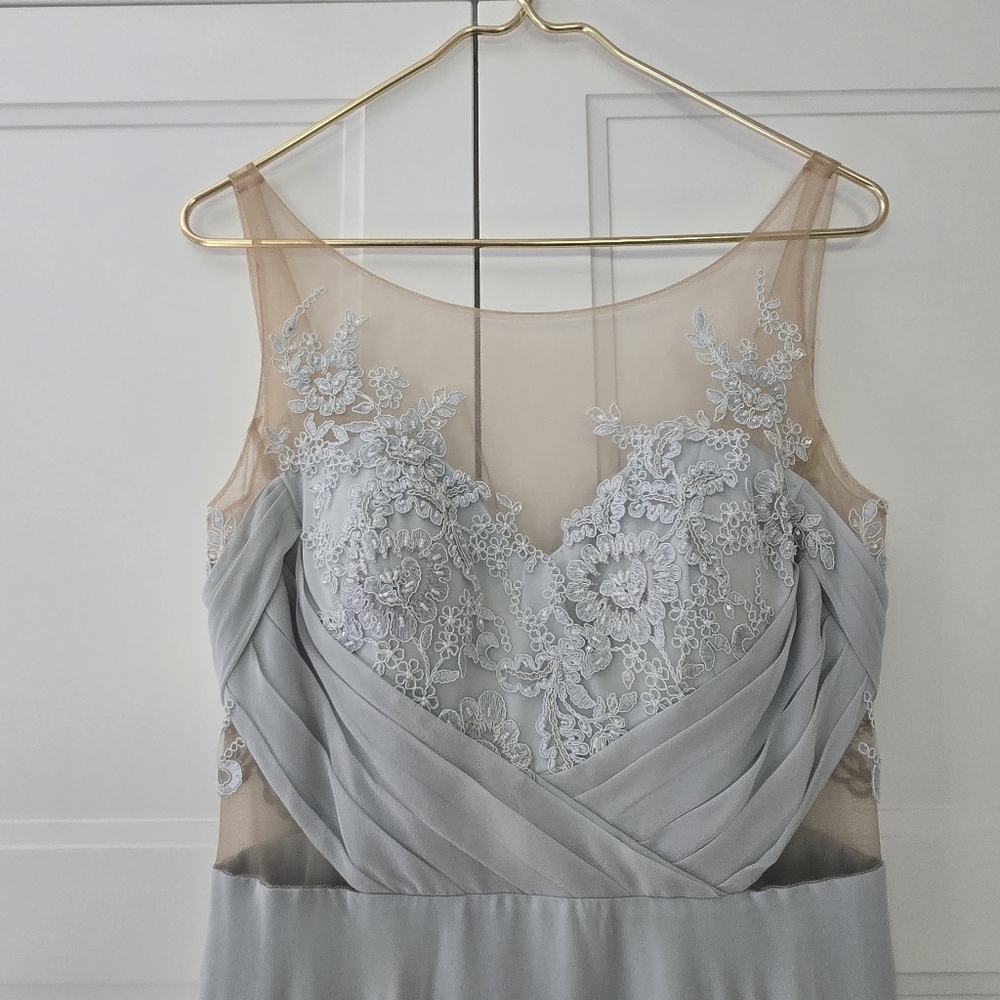 Marchesa Notte Silk Blue Embellished Embroidered Mesh Sheer Panel Detail Gown - Picture 3 of 15
